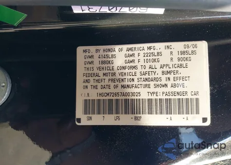 2007 Honda Accord 2.4 Ex from USA, damaged, VIN 1HGCM72657A003025